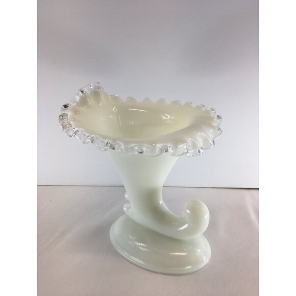 Vtg Fenton Silver Crest Milk Glass Cornucopia Ruffled Candle Holder 6.5'' Tall - Picture 6 of 8